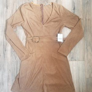 Faux Corduroy / Suede Fitted Tan 70s Style Dress